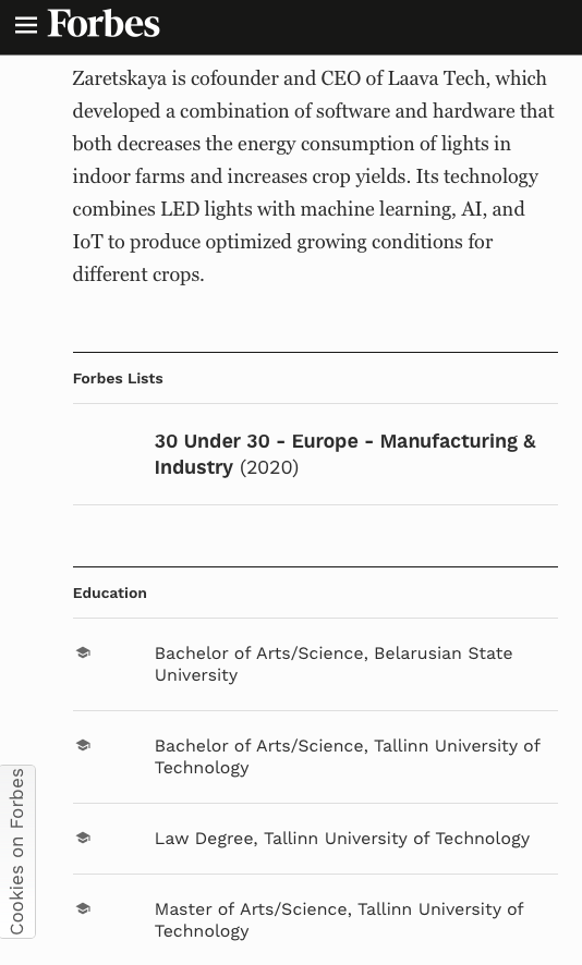 Tatstiana Zaretskaya education forbes